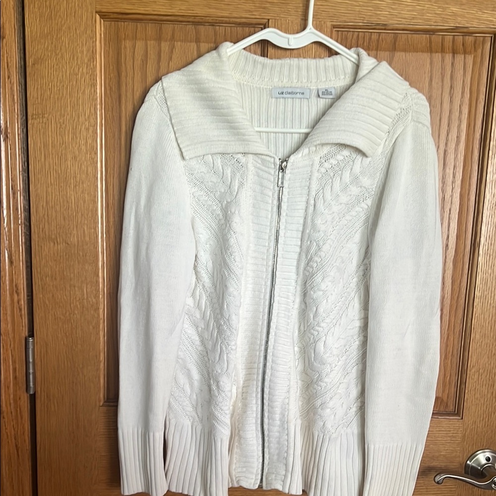 Liz Claiborne White Cable Knit Cardigan Sweater